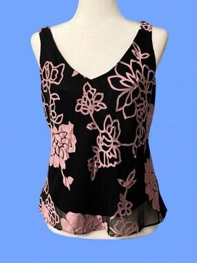 Alex Evenings Black Sleeveless Camisole with Pink Floral Burnout